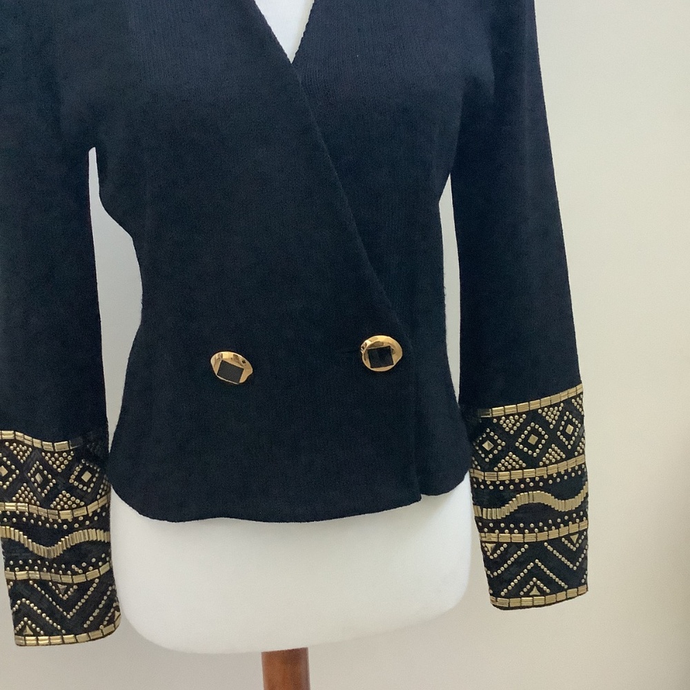 St. John Jacket Designer Navy Sweater Jacket Gold Embellishments Like New Size 6 - Picture 3 of 7